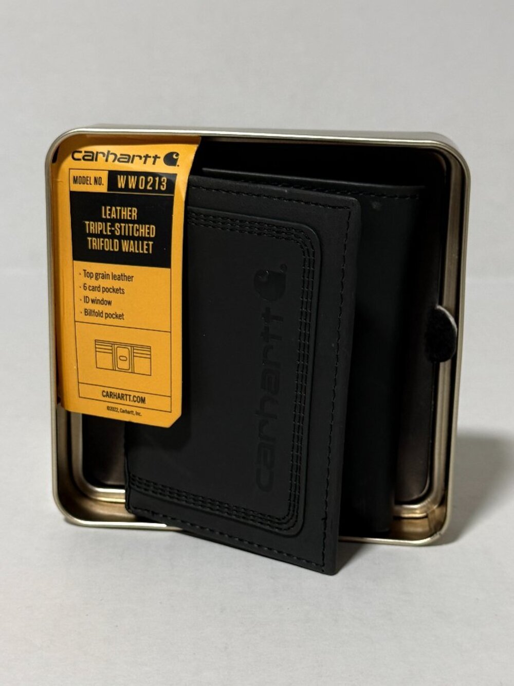 Carhartt Men's Leather Detroit Trifold Wallet with Metal Case